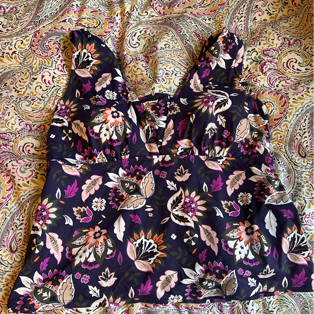 Lands' End Navy Floral V-Neck Tankini Top with Pink & Cream Accents
